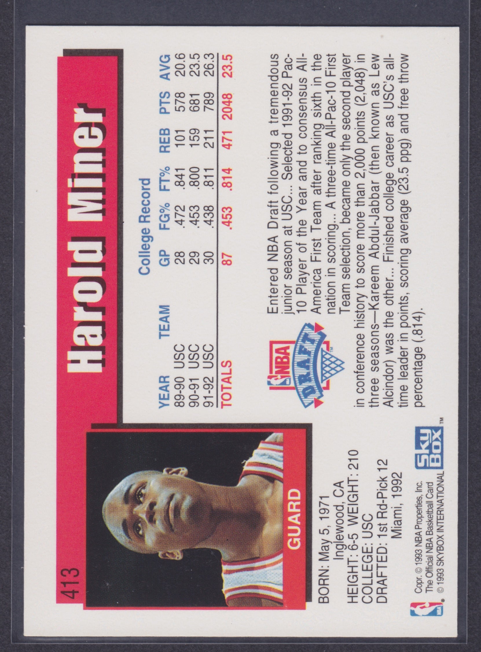 1992-93 Hoops #413 Harold Miner RC - NBA