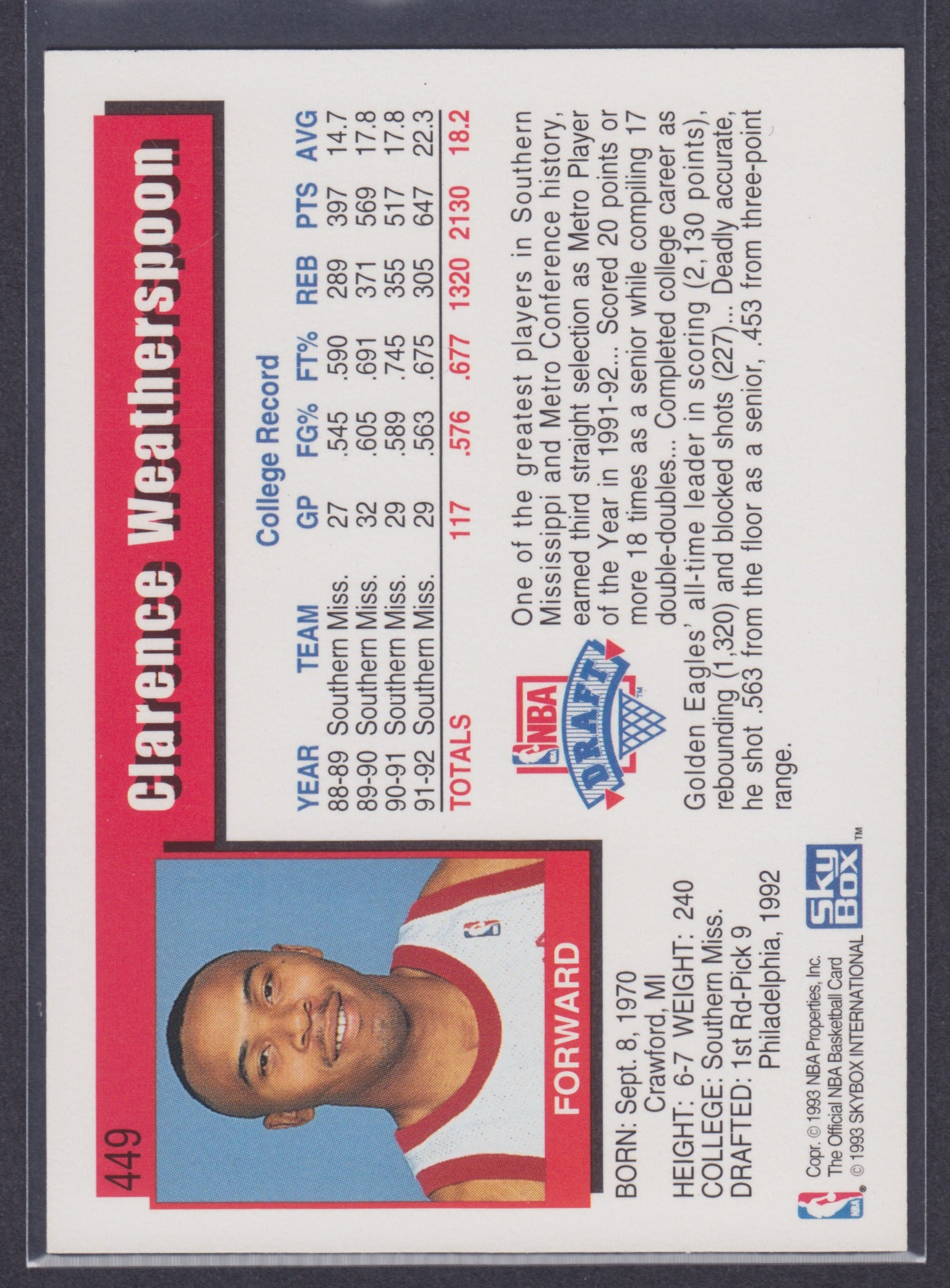 1992-93 Hoops #449 Clarence Weatherspoon RC - NBA