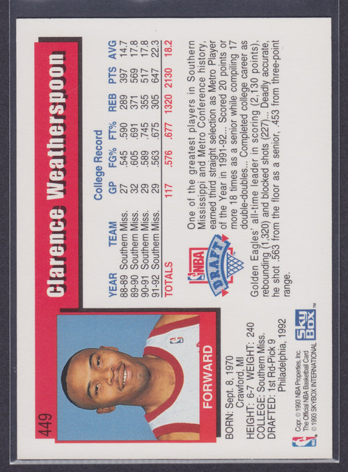 1992-93 Hoops #449 Clarence Weatherspoon RC - NBA