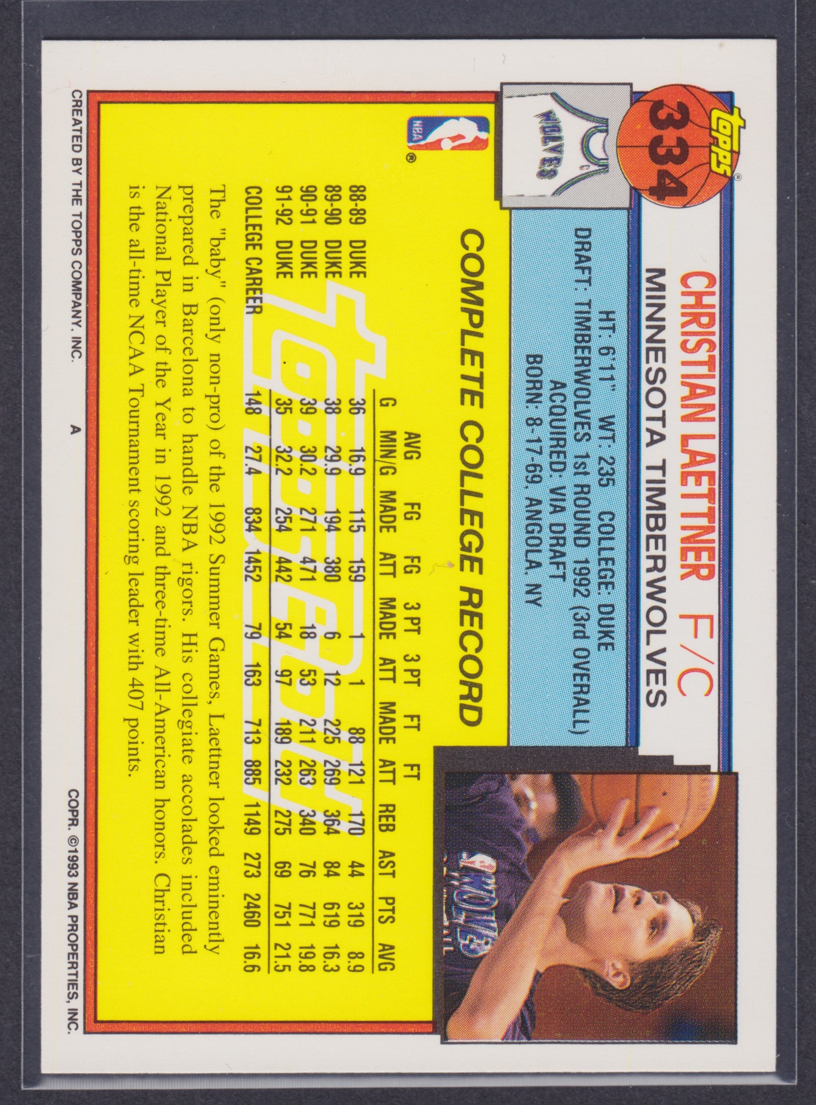 1992-93 Topps Gold #334 Christian Laettner RC - NBA