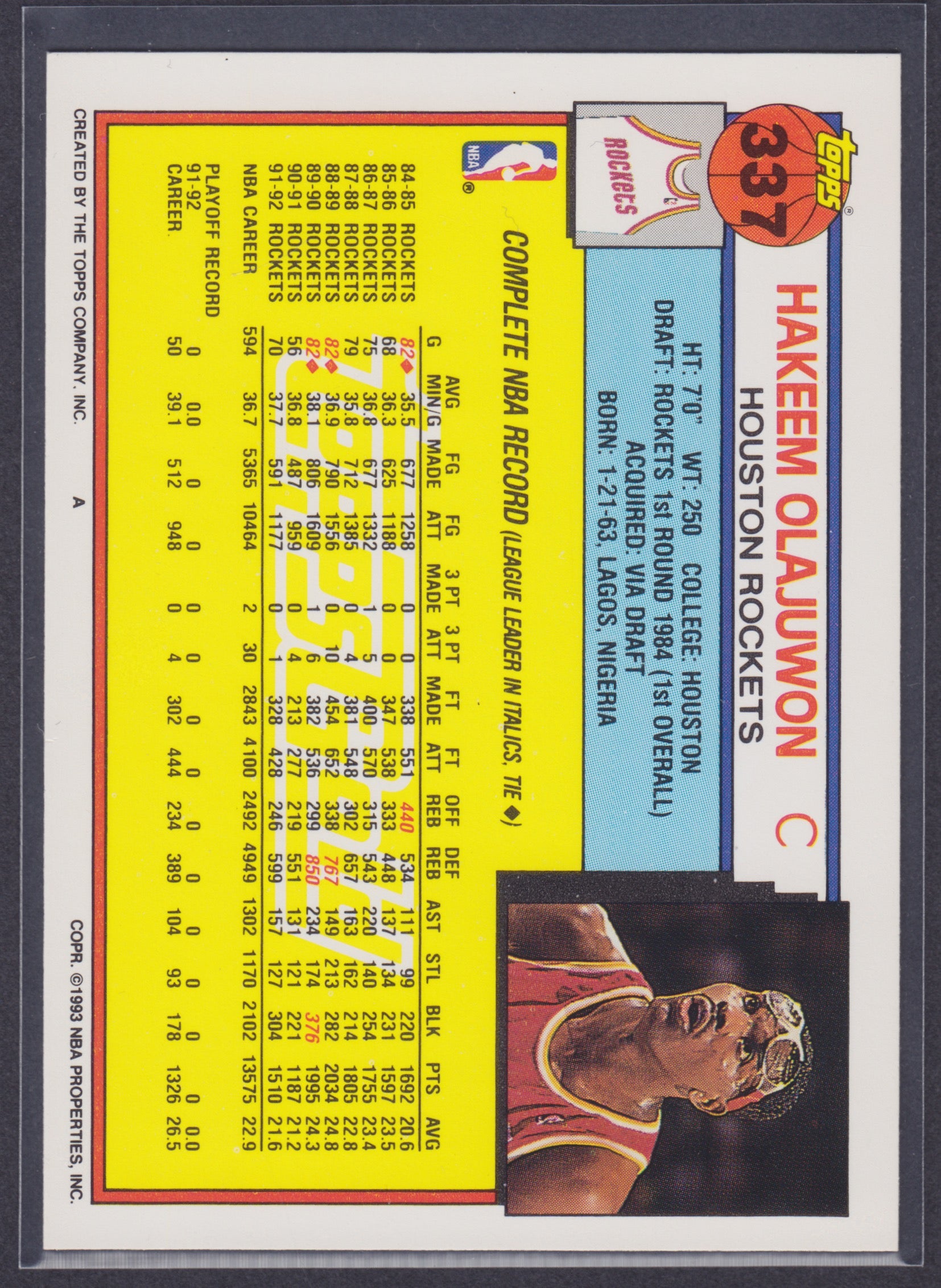 1992-93 Topps Gold #337 Hakeem Olajuwon - NBA