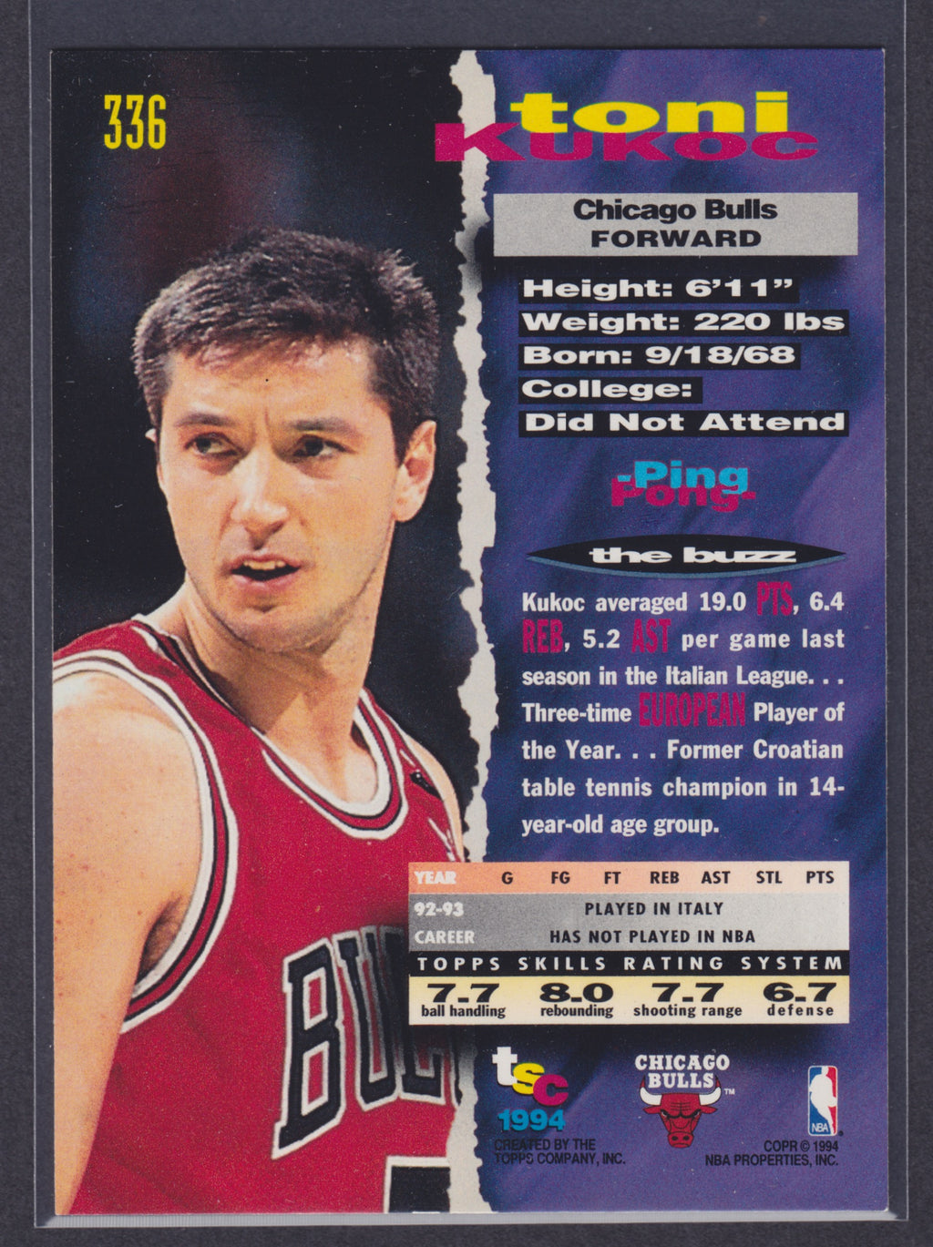 1993-94 Stadium Club #336 Toni Kukoc RC - NBA