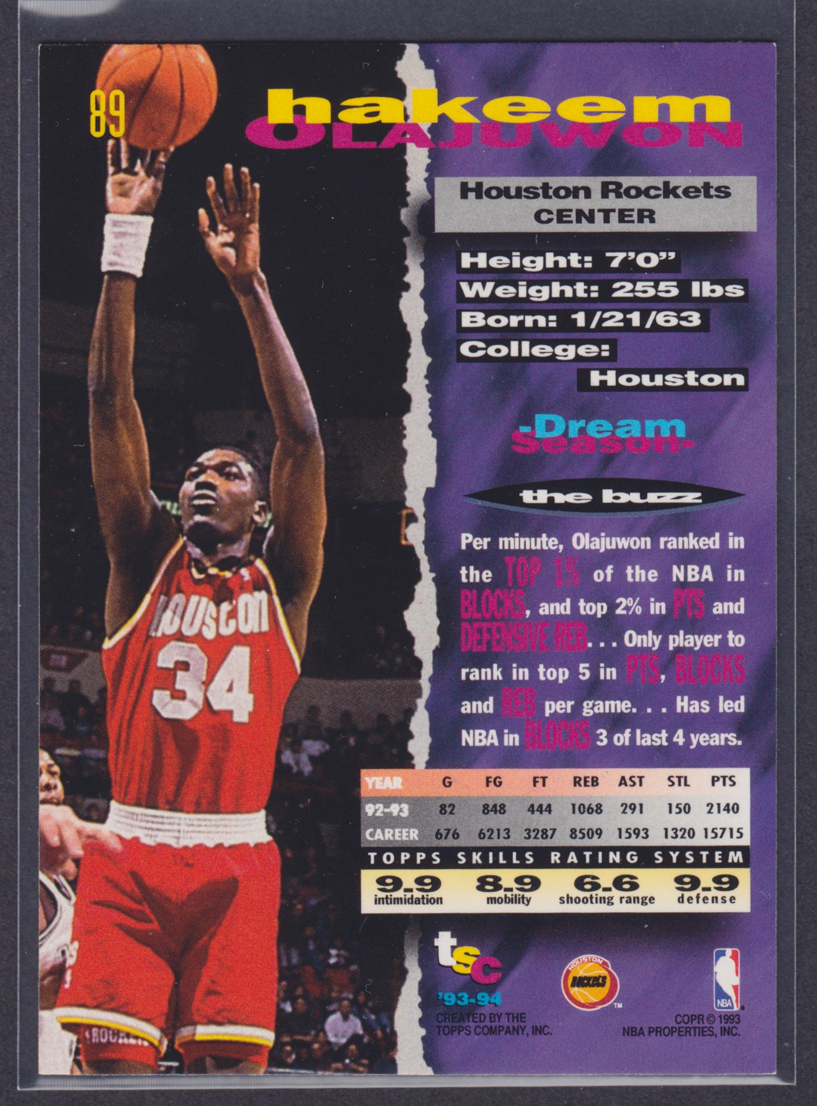 1993-94 Stadium Club #89 Hakeem Olajuwon - NBA
