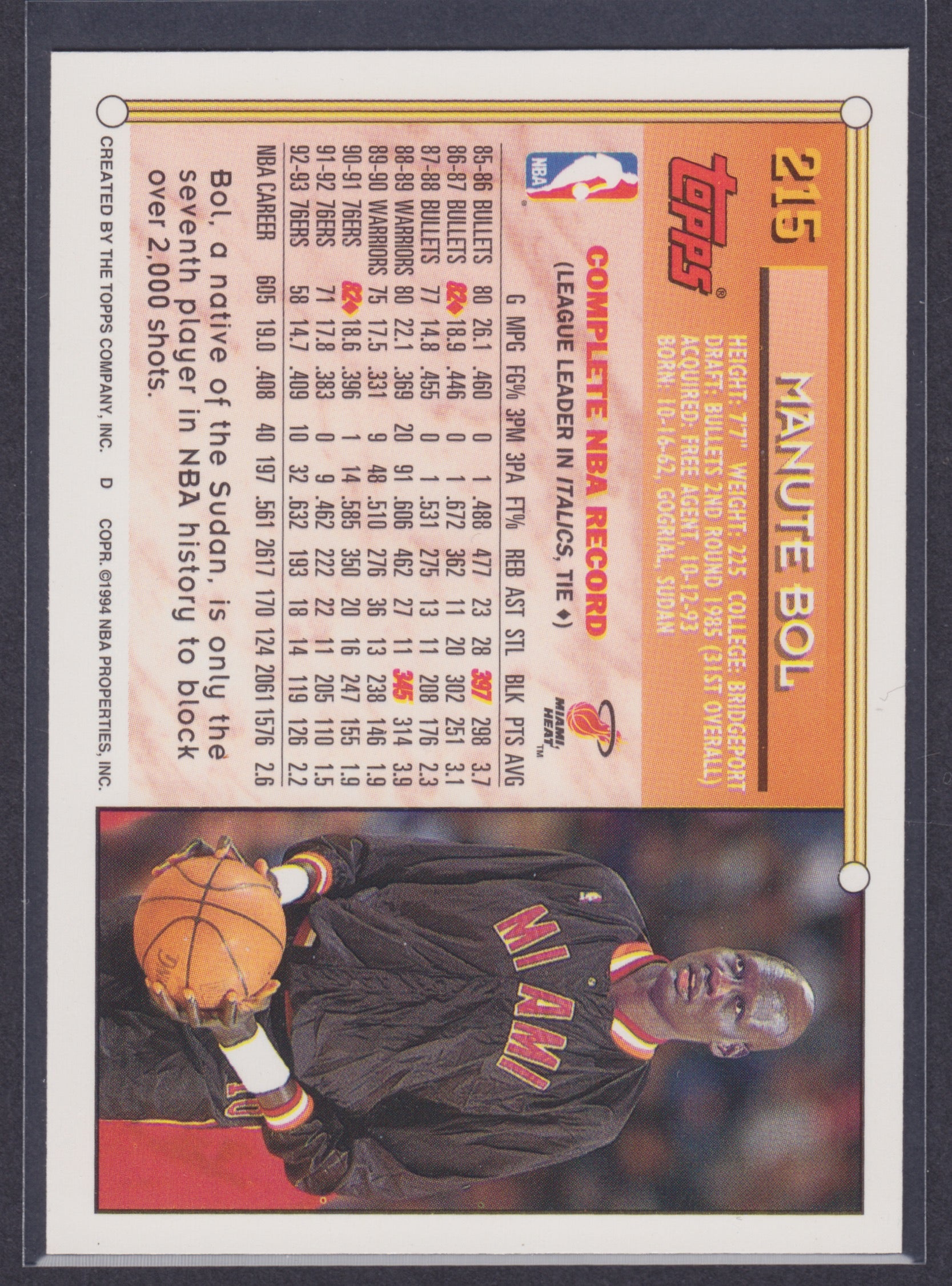 1993-94 Topps Gold #215 Manute Bol - NBA