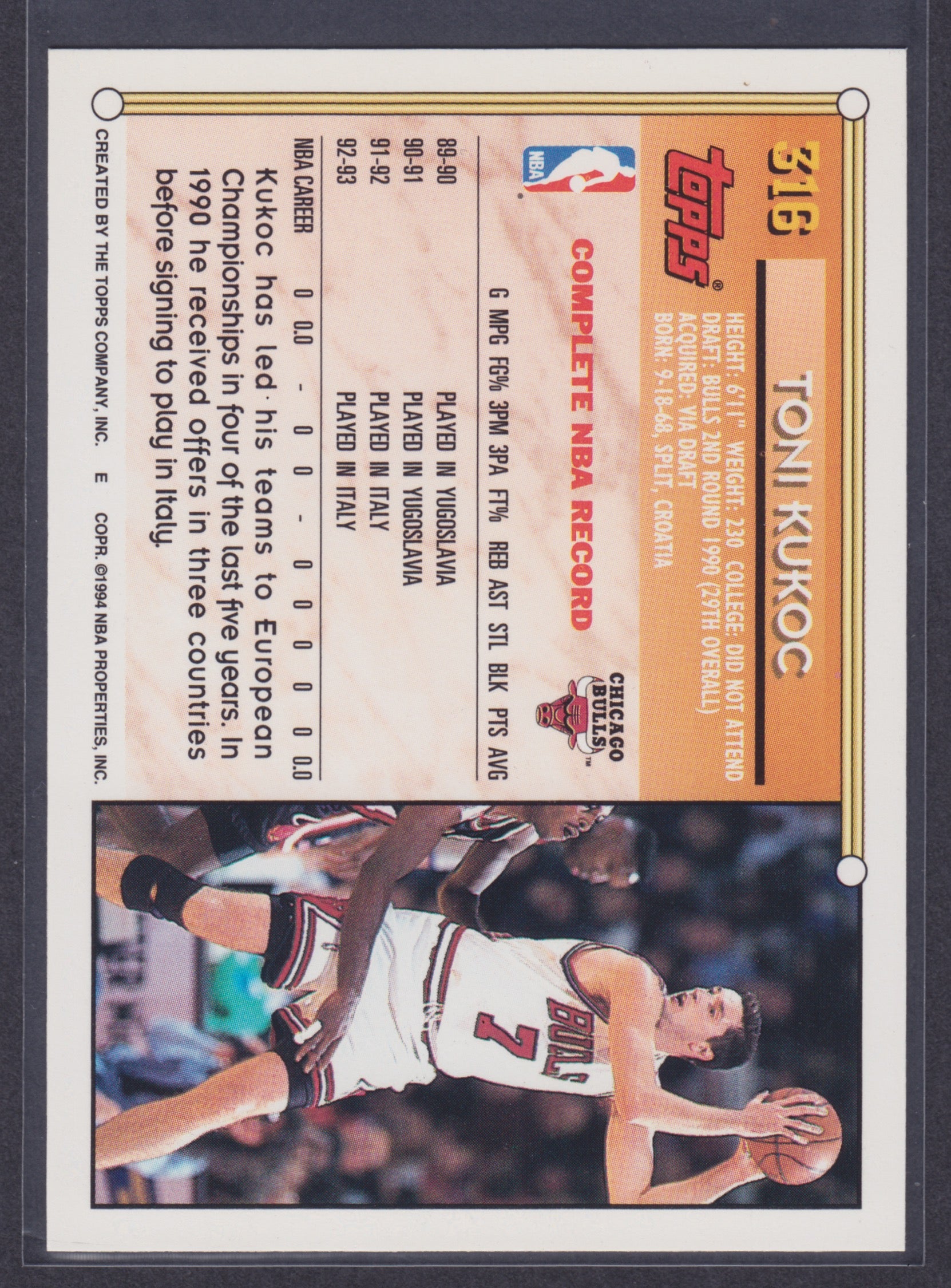 1993-94 Topps #316 Toni Kukoc RC - NBA