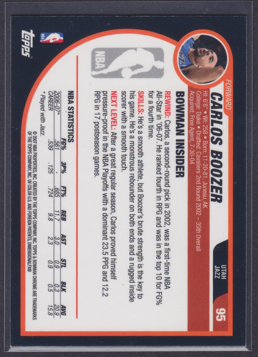 2007-08 Bowman Chrome #95 Carlos Boozer - NBA