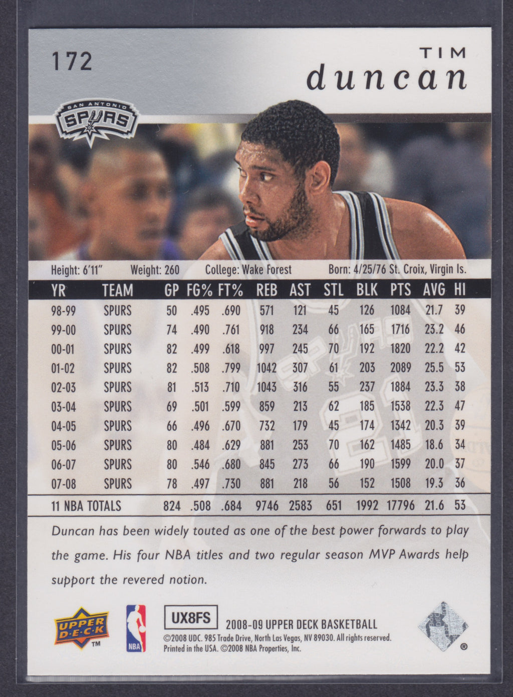 2008-09 Upper Deck #172 Tim Duncan - NBA
