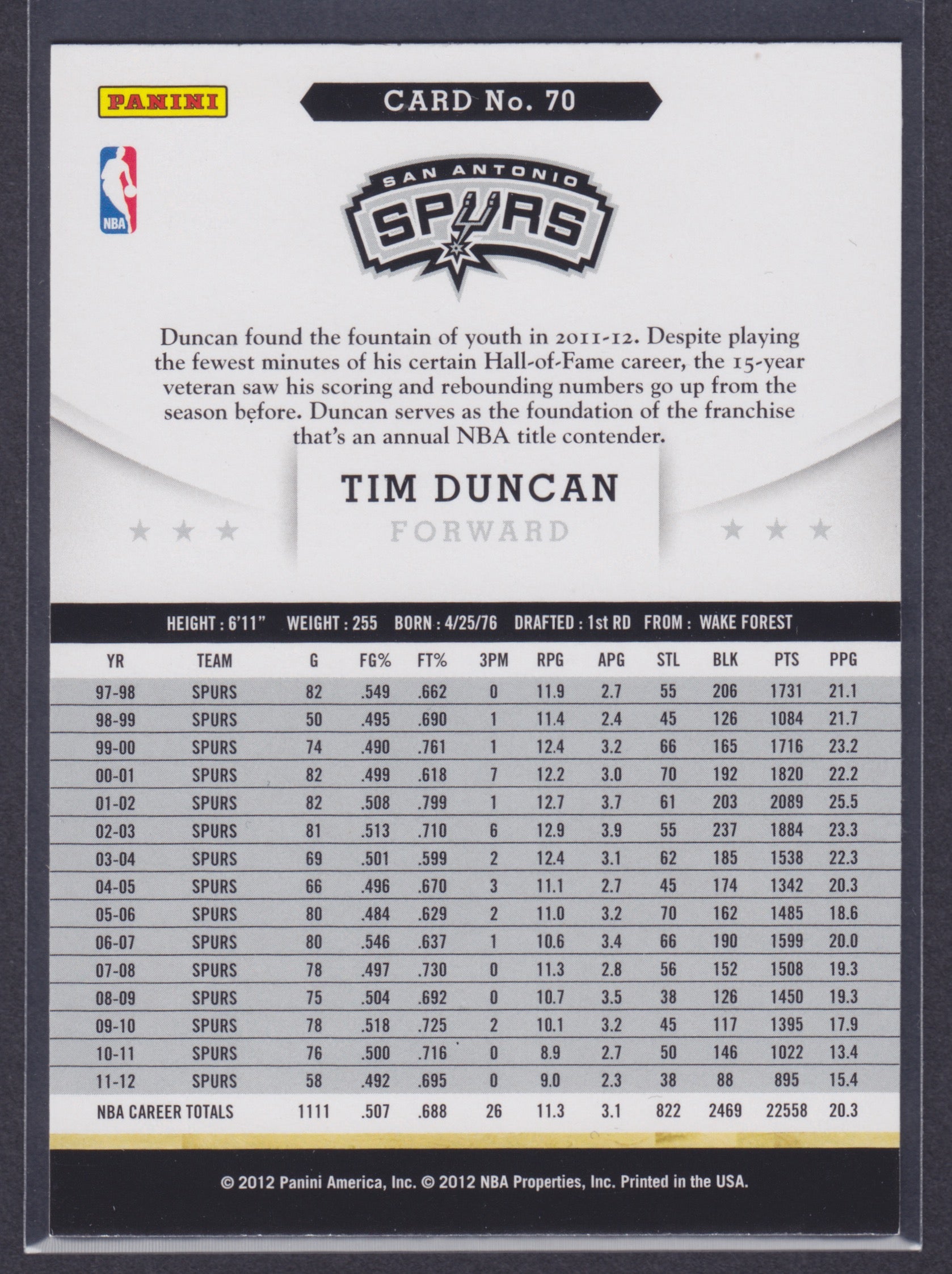 2012-13 Hoops #70 Tim Duncan - NBA